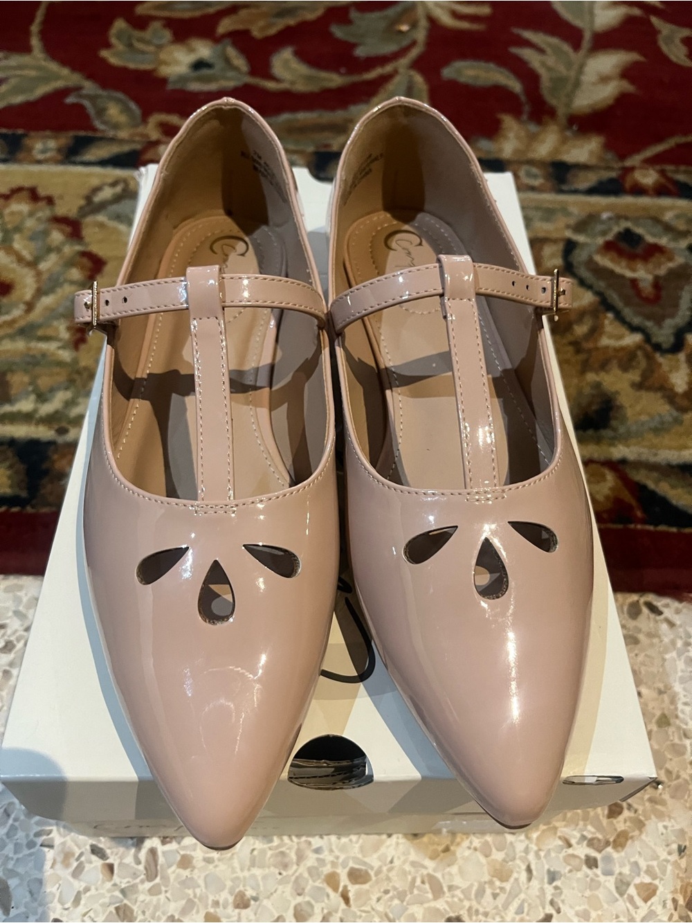 T-Strap Pointed Patent Flats in Blush - Picture 2 of 3